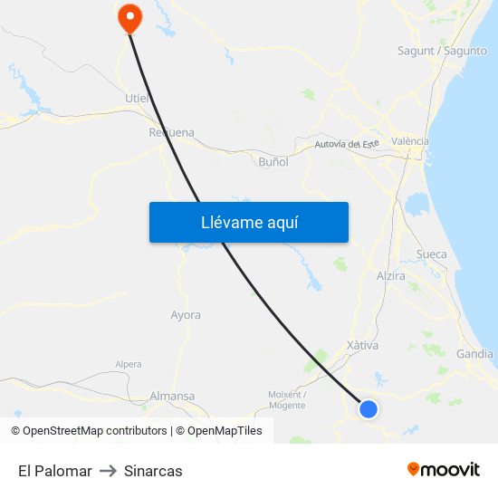El Palomar to Sinarcas map