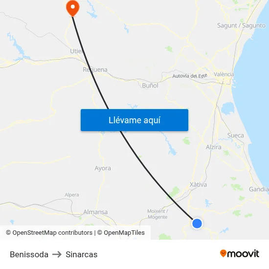 Benissoda to Sinarcas map