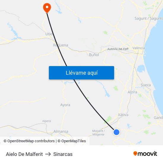 Aielo De Malferit to Sinarcas map