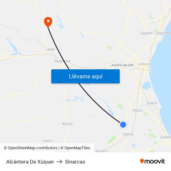 Alcàntera De Xúquer to Sinarcas map