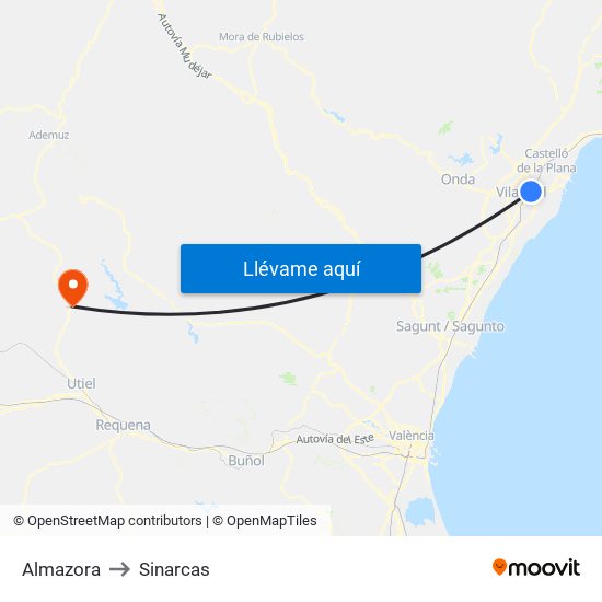 Almazora to Sinarcas map