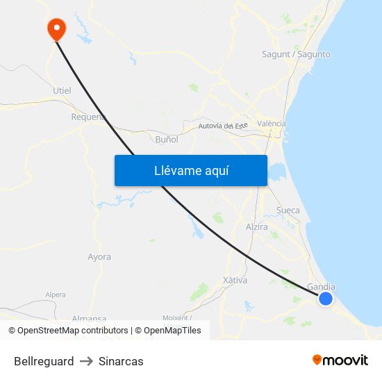 Bellreguard to Sinarcas map