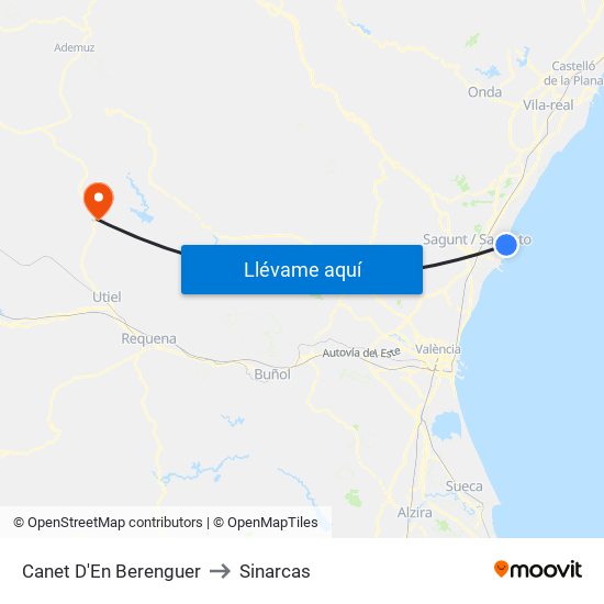 Canet D'En Berenguer to Sinarcas map