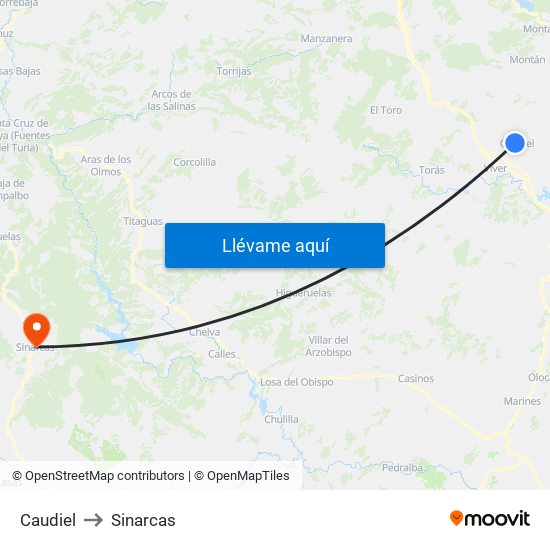 Caudiel to Sinarcas map