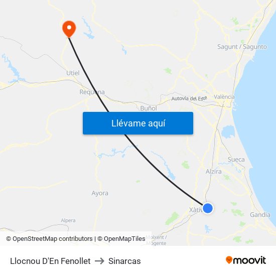 Llocnou D'En Fenollet to Sinarcas map