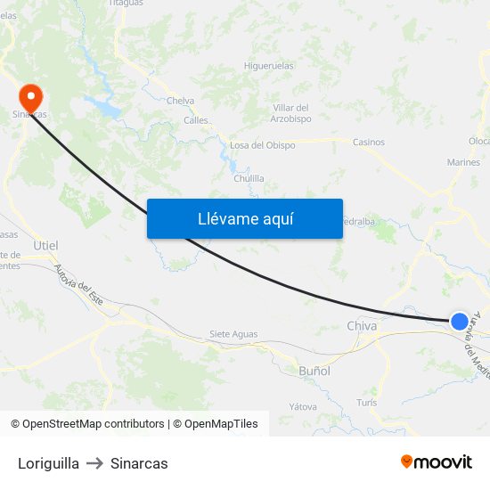 Loriguilla to Sinarcas map