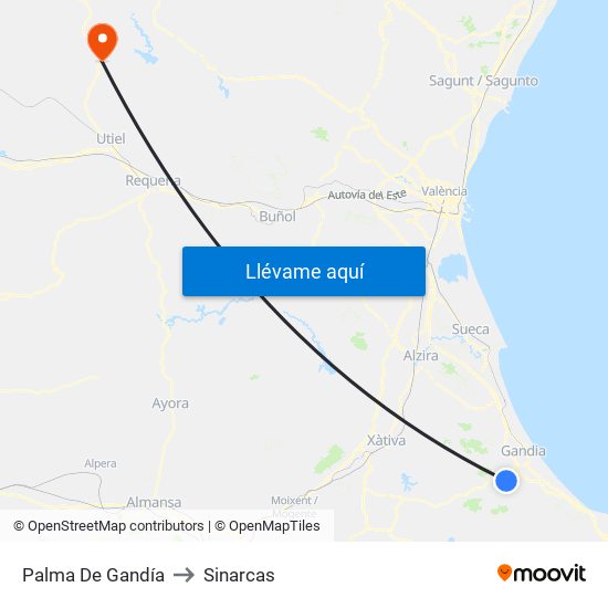 Palma De Gandía to Sinarcas map
