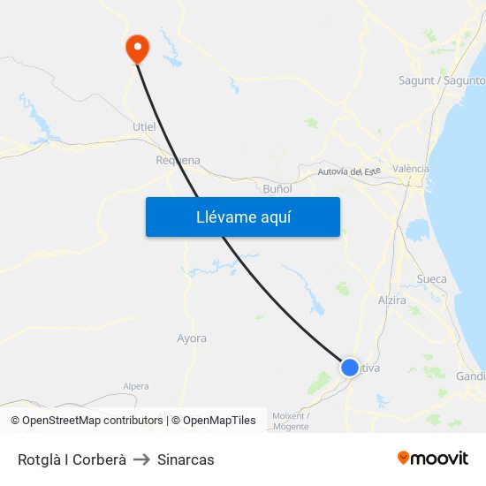 Rotglà I Corberà to Sinarcas map