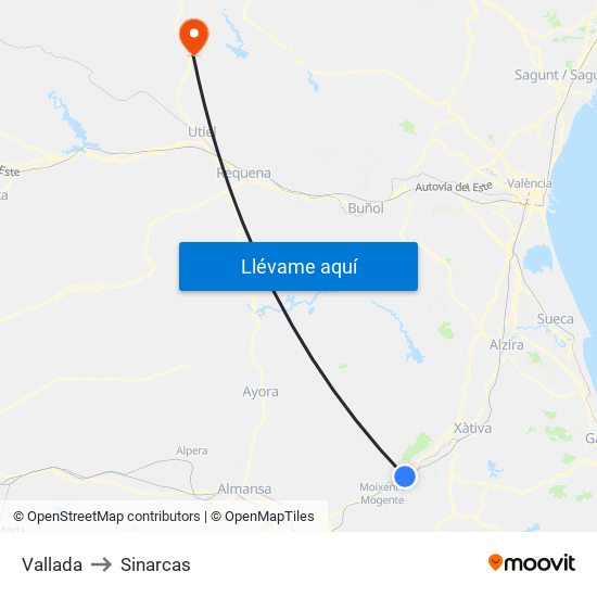 Vallada to Sinarcas map