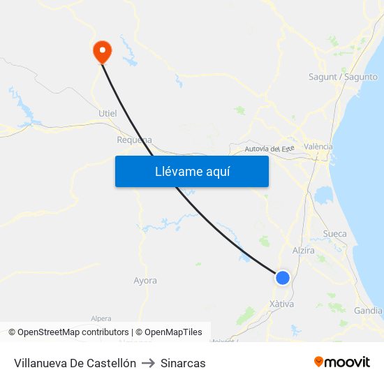 Villanueva De Castellón to Sinarcas map