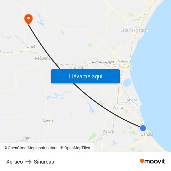 Xeraco to Sinarcas map
