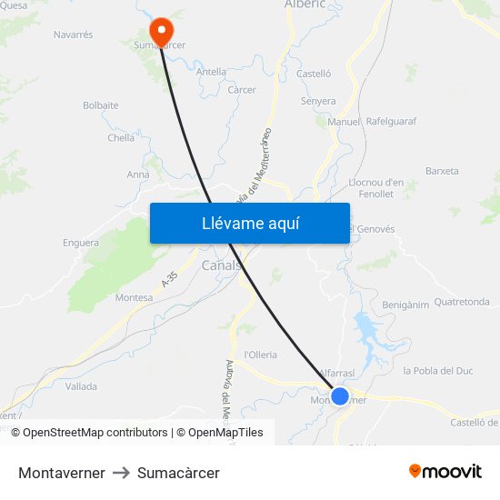Montaverner to Sumacàrcer map