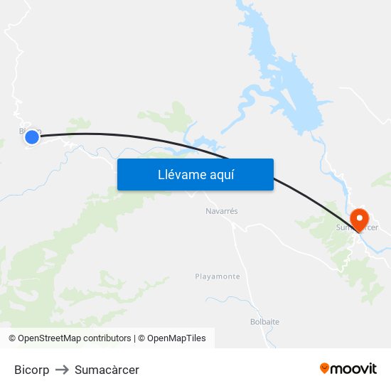 Bicorp to Sumacàrcer map