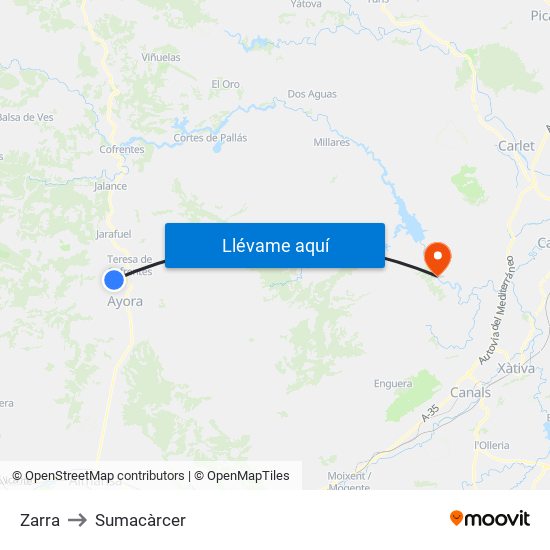 Zarra to Sumacàrcer map
