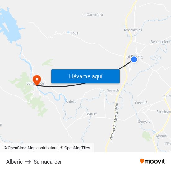 Alberic to Sumacàrcer map