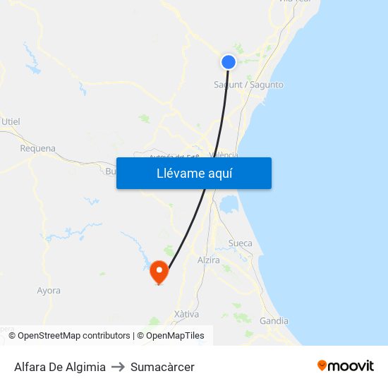 Alfara De Algimia to Sumacàrcer map