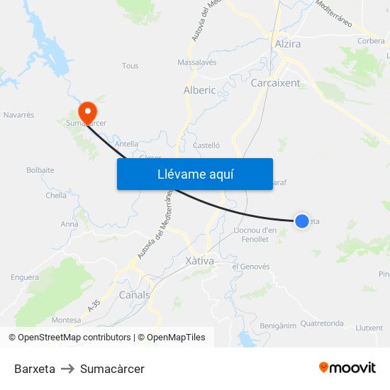 Barxeta to Sumacàrcer map