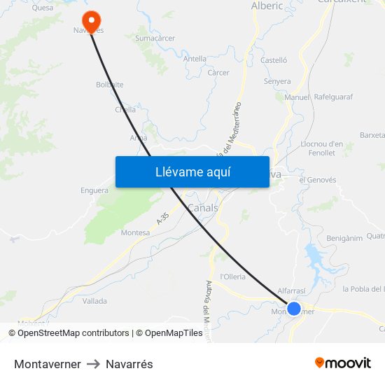 Montaverner to Navarrés map