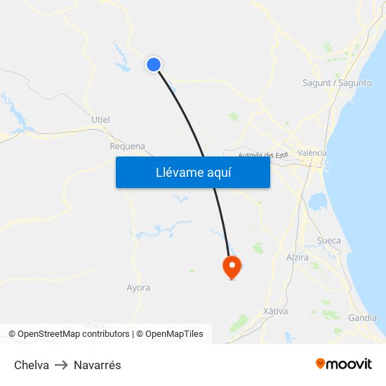 Chelva to Navarrés map