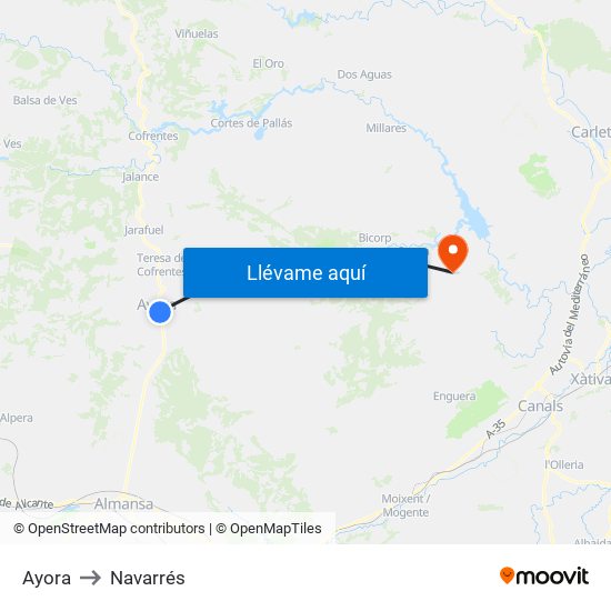Ayora to Navarrés map