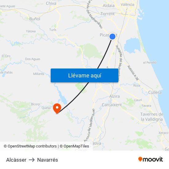 Alcàsser to Navarrés map