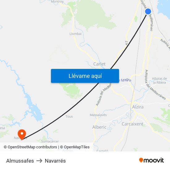 Almussafes to Navarrés map