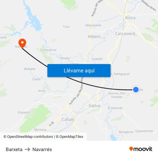 Barxeta to Navarrés map