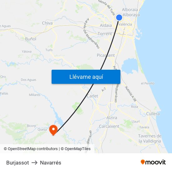 Burjassot to Navarrés map