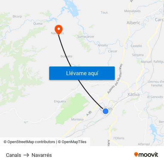 Canals to Navarrés map