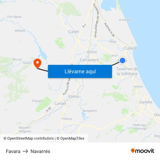 Favara to Navarrés map