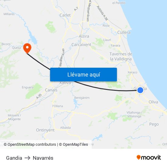 Gandia to Navarrés map