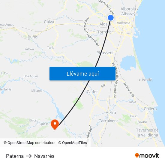 Paterna to Navarrés map