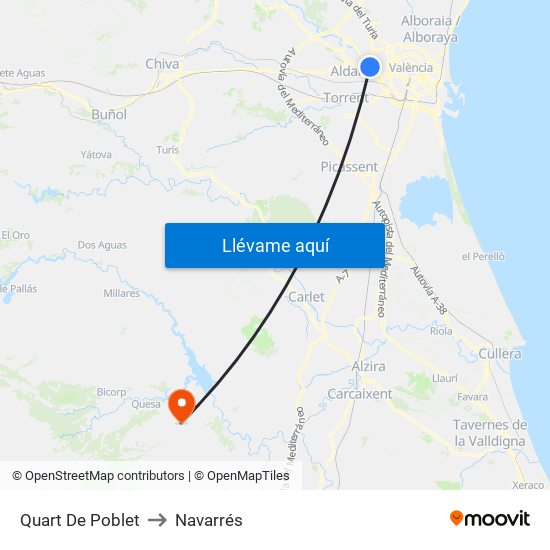 Quart De Poblet to Navarrés map