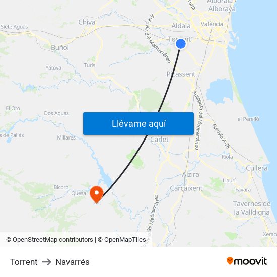 Torrent to Navarrés map