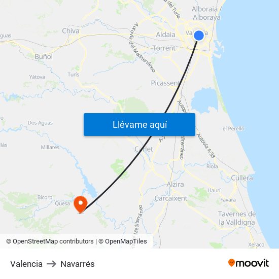 Valencia to Navarrés map