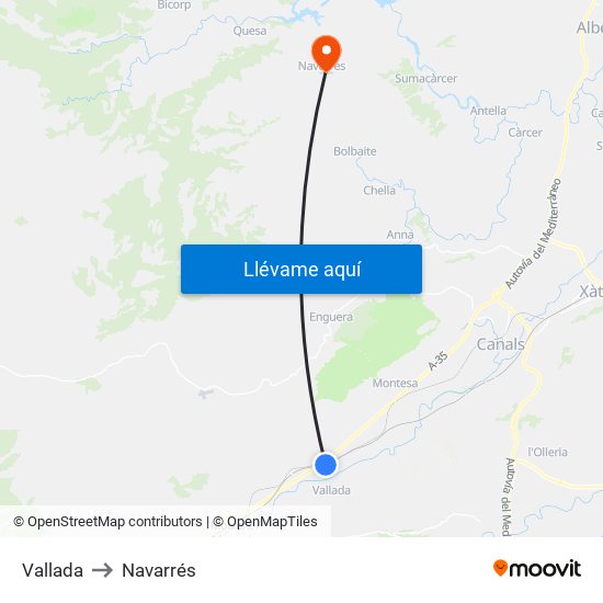 Vallada to Navarrés map