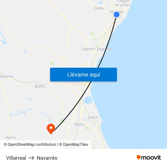 Villarreal to Navarrés map
