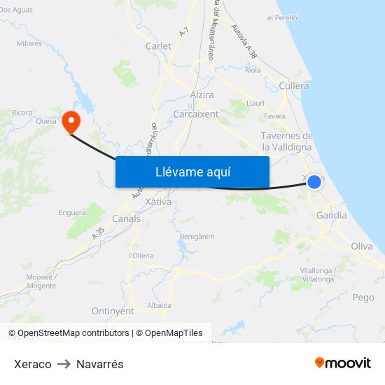 Xeraco to Navarrés map