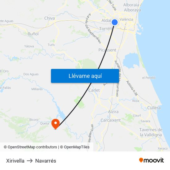 Xirivella to Navarrés map