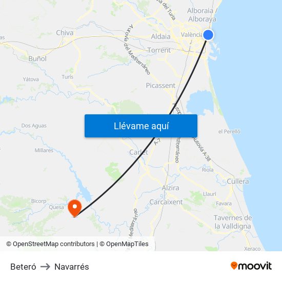 Beteró to Navarrés map