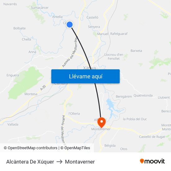 Alcàntera De Xúquer to Montaverner map