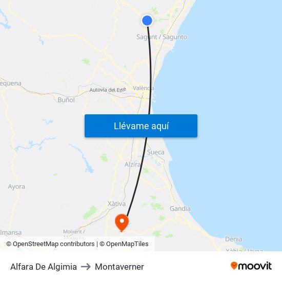 Alfara De Algimia to Montaverner map