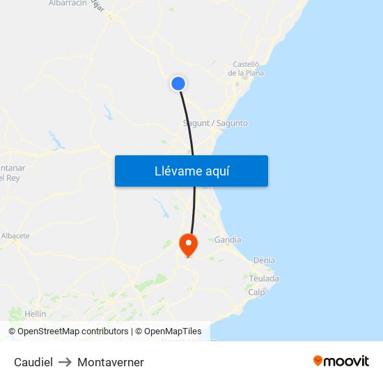 Caudiel to Montaverner map