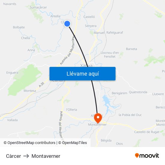 Càrcer to Montaverner map