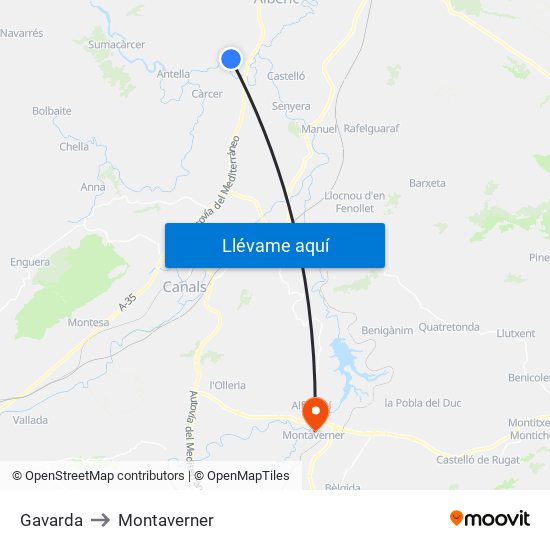 Gavarda to Montaverner map