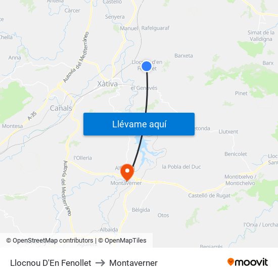 Llocnou D'En Fenollet to Montaverner map