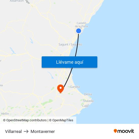 Villarreal to Montaverner map