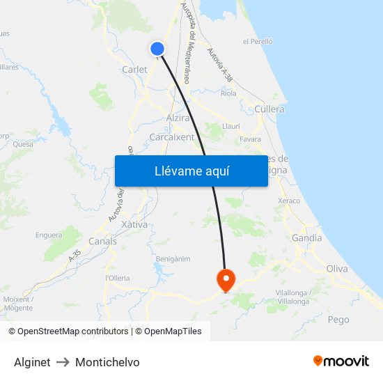 Alginet to Montichelvo map