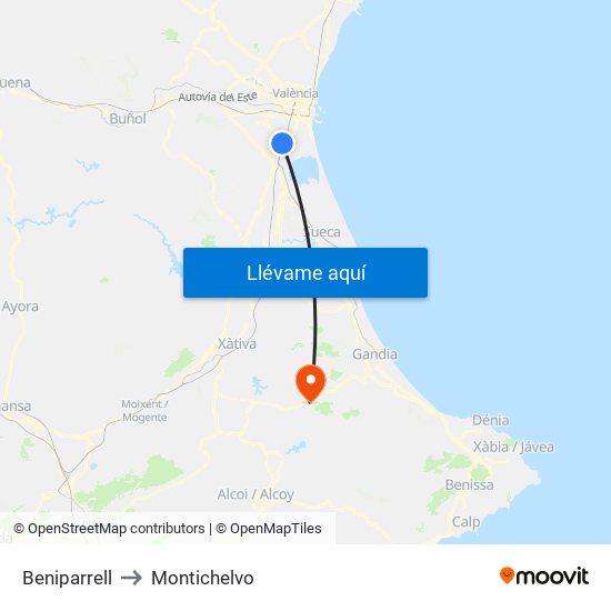 Beniparrell to Montichelvo map