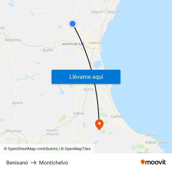 Benisanó to Montichelvo map
